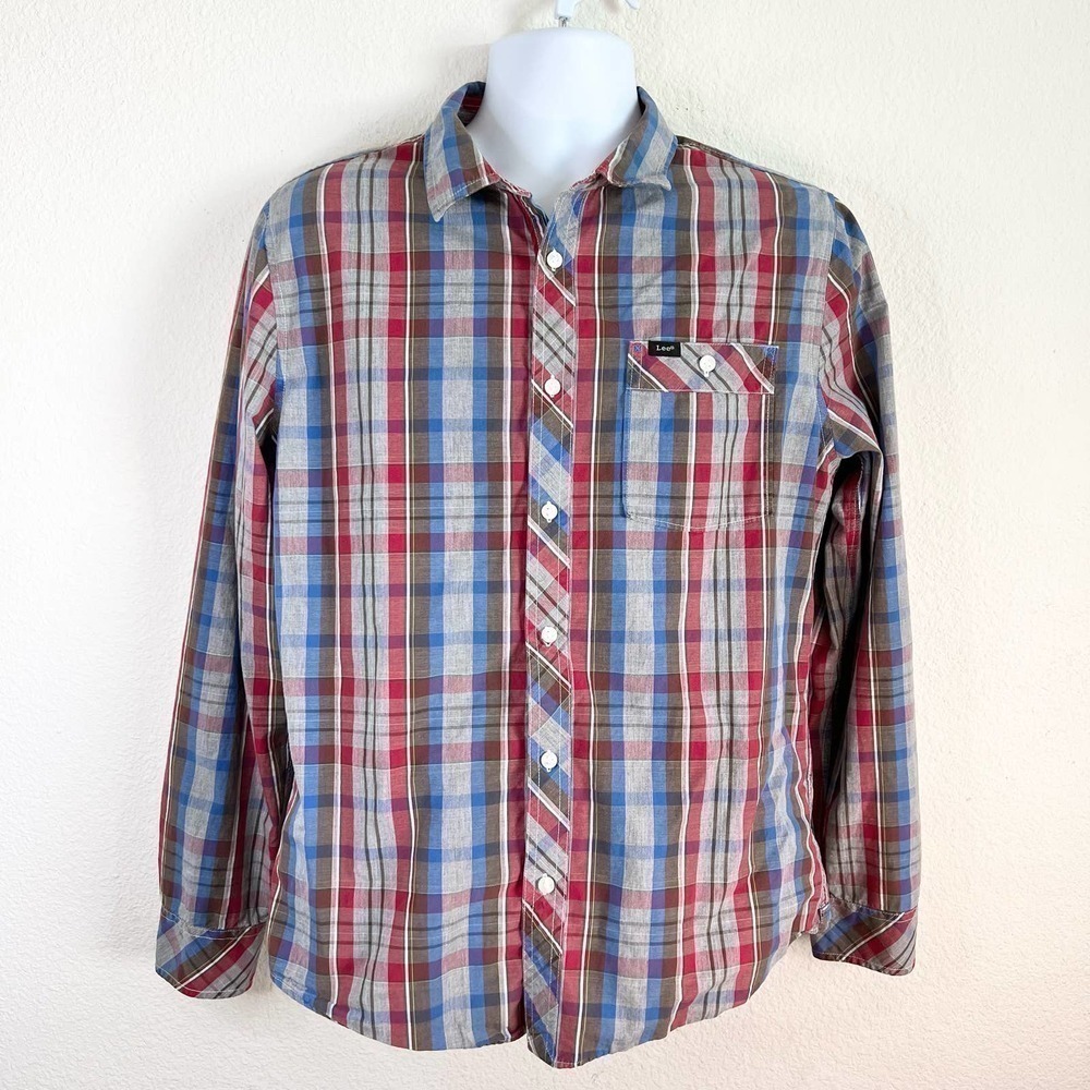 Lee Men's Red Blue Plaid Button Down Front Long Sleeve Collared Shirt XL Western